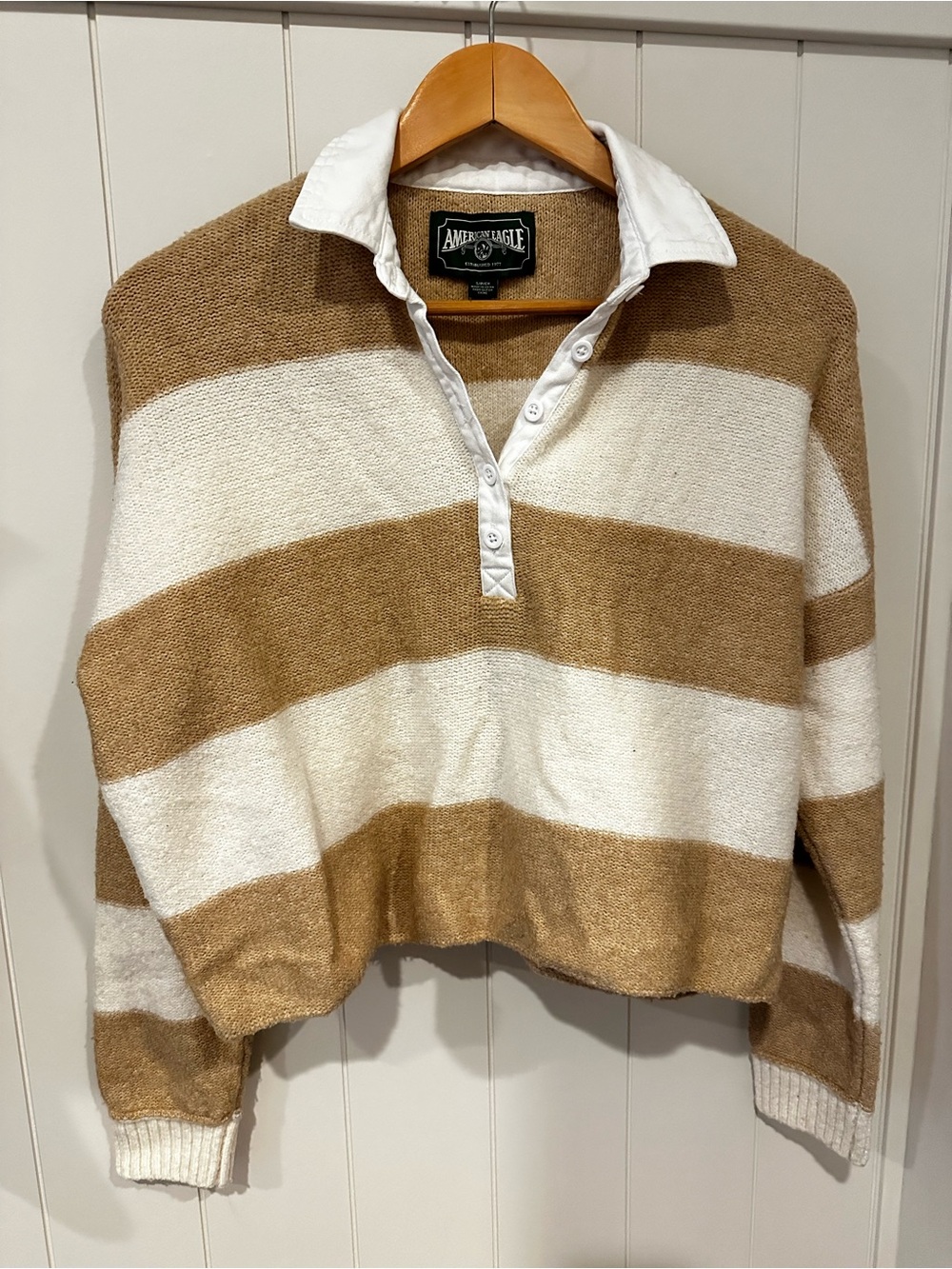 American Eagle Striped Collared Pullover Small | Tan & White Cropped Rugby Style